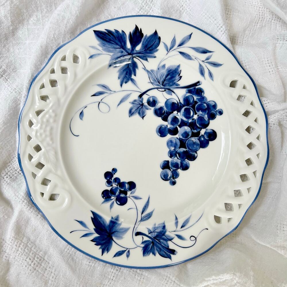 Vintage 80s Brunelli Italy Blue White Grapevine Plate Wall Decor Pierced Rim